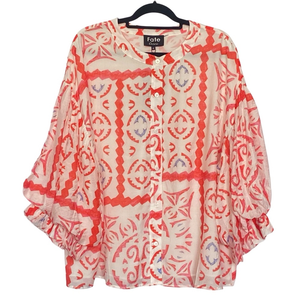 Fate Curve White & Pink Balloon Sleeve Blouse Aztec Boho Womens Plus Size 2X NWT